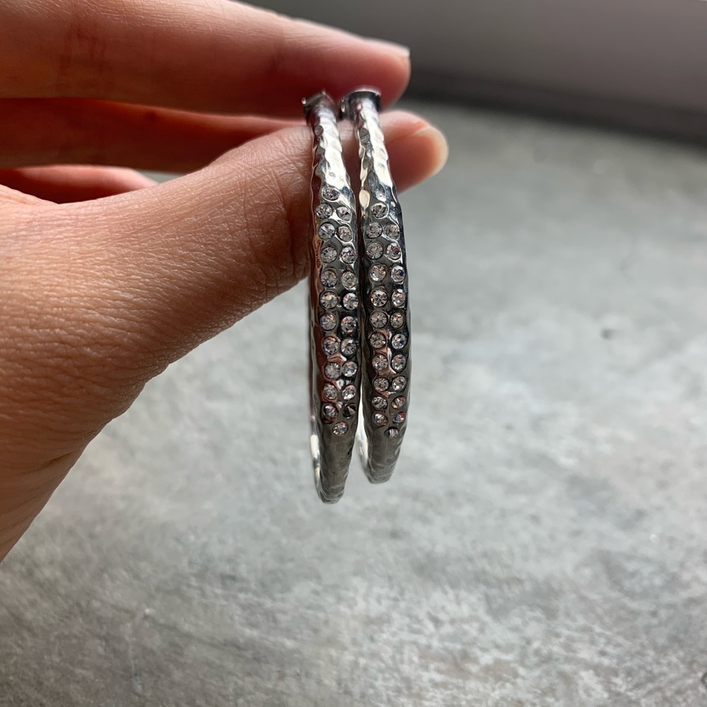 Silver Hammered Hoop Earrings with crystals